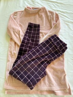 Lands' End Pink & Burgundy Plaid Fleece Pajama Set